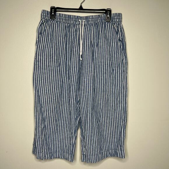 BeachLunchLounge Wide Leg Capri Blue White Striped Linen Blend Size L Drawstring - Picture 3 of 10
